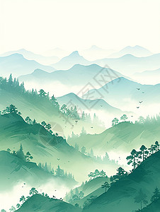 山川云雾春天云雾缭绕的绿色山川唯美春天风景插画