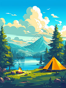 在森林湖边一座卡通露营帐篷高清图片