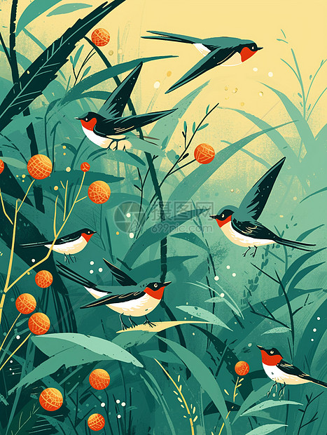 春天飞舞在绿植草丛中的几只可爱的小鸟图片