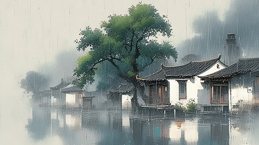 春天雨中小河边唯美的卡通小村庄背景图片