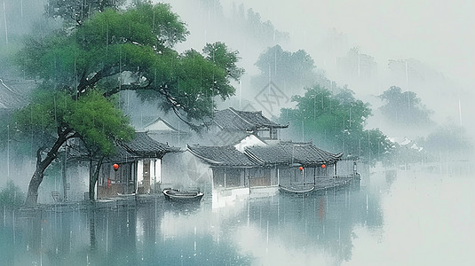 春天雨中小河边唯美的小村庄背景图片