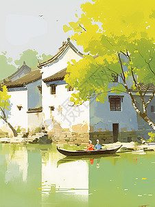 春天嫩绿色的柳树白墙黑瓦卡通村庄旁的湖面上几艘小船在安静的划着图片