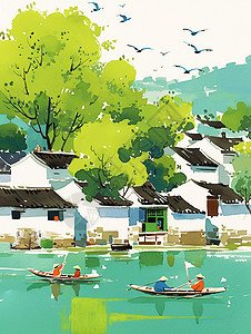 柳树白墙黑瓦卡通村庄旁的湖面上几艘小船在安静的划着图片