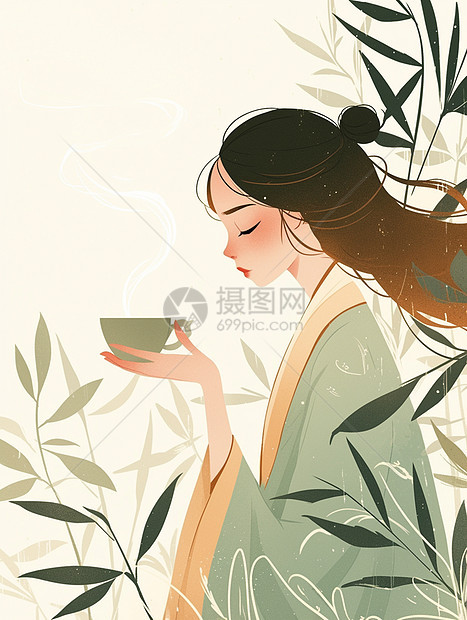 正在喝热茶优雅的扁平风古风卡通女人图片