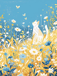 雏菊花丛中一只可爱的卡通小白猫图片