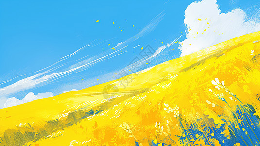 蓝天白云下一大片暖黄色油菜花田图片
