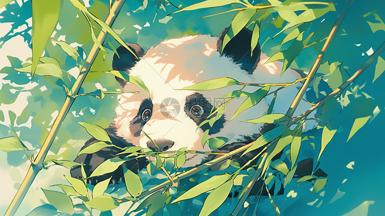 绿色竹林中悠闲休息的卡通大熊猫图片