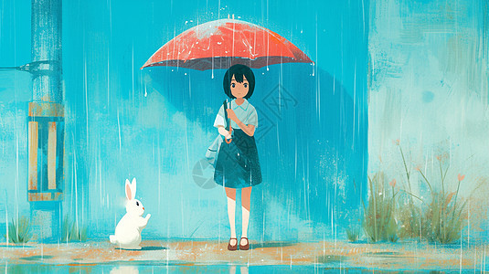 打着伞的可爱卡通小女孩与宠物小白兔图片