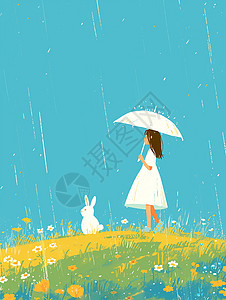 打伞的可爱卡通小女孩与宠物小白兔背景图片