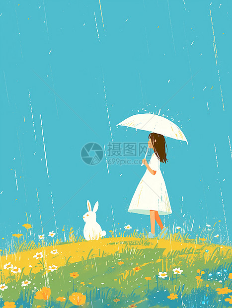 打伞的可爱卡通小女孩与宠物小白兔图片