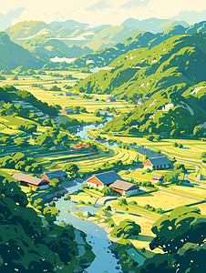 春天手绘风山中一座美丽的卡通小村庄图片