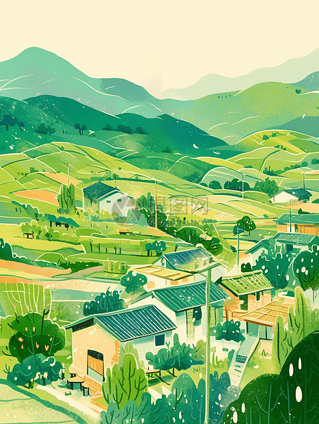 手绘山中一座美丽的卡通小村庄图片