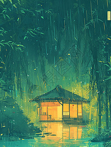 大雨夜晚一座亮着灯的卡通茅草屋图片