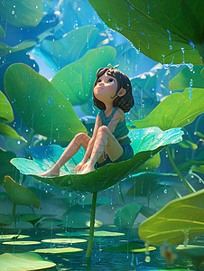 坐在荷叶上开心欣赏雨景的3D卡通女孩图片