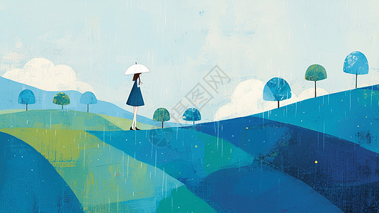 雨中撑着小伞走在山坡上的卡通女孩图片