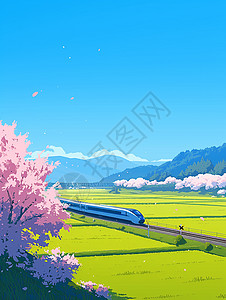 春天一辆开在田野间的卡通火车高清图片