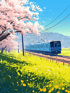 春天一辆开在田野间的火车高清图片
