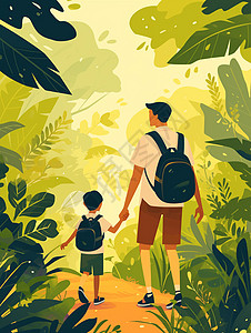 背着书包手拉着手走在森林中小路上的卡通父子背影图片