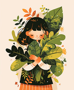 抱着绿色树叶微笑的可爱卡通小女孩背景图片