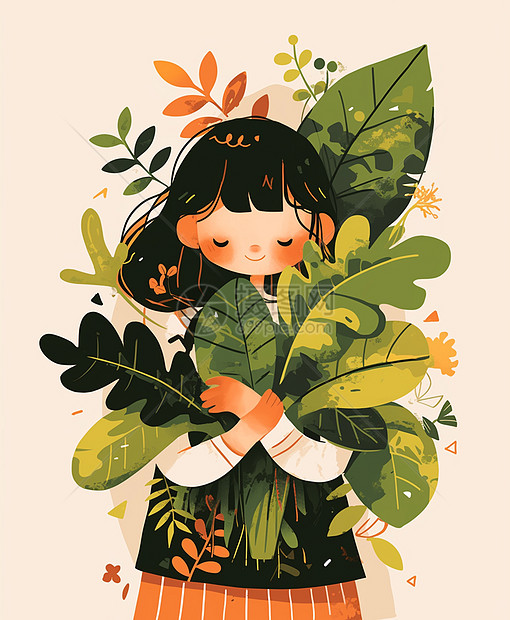 抱着绿色树叶微笑的可爱卡通小女孩图片