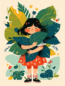 抱着绿色树叶微笑的可爱卡通小女孩图片