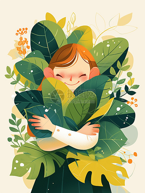 抱着绿色树叶的可爱卡通小女孩图片