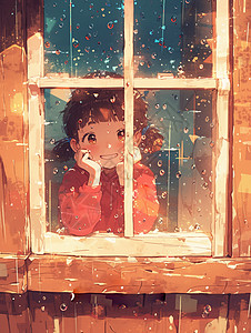 趴在窗边开心赏雨的可爱小女孩高清图片
