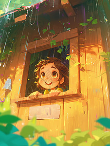 趴在窗边开心赏雨的可爱卡通小女孩图片
