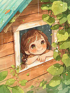 趴在想小木屋窗边面带微笑赏雨的卡通小女孩图片