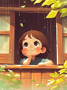 趴在想小木屋窗边面带微笑赏雨的可爱小女孩高清图片