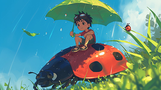 可爱的小男孩手拿着雨伞坐在七星瓢虫背上开心笑图片