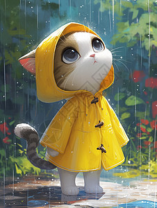 穿着黄色雨衣在雨中的可爱卡通小花猫背景图片