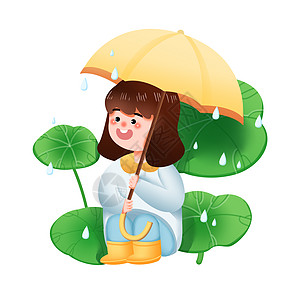 雨伞DIY绿色可爱小女孩雨伞蹲着春天插画人物元素插画