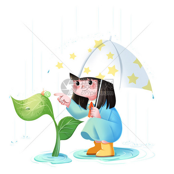 绿色可爱小女孩蹲着拿雨伞春天插画人物元素图片