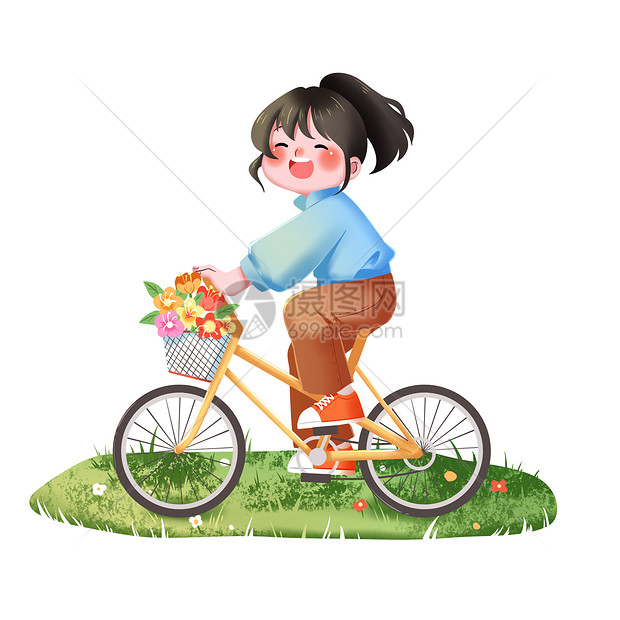 绿色可爱小女孩骑单车春天插画人物元素图片