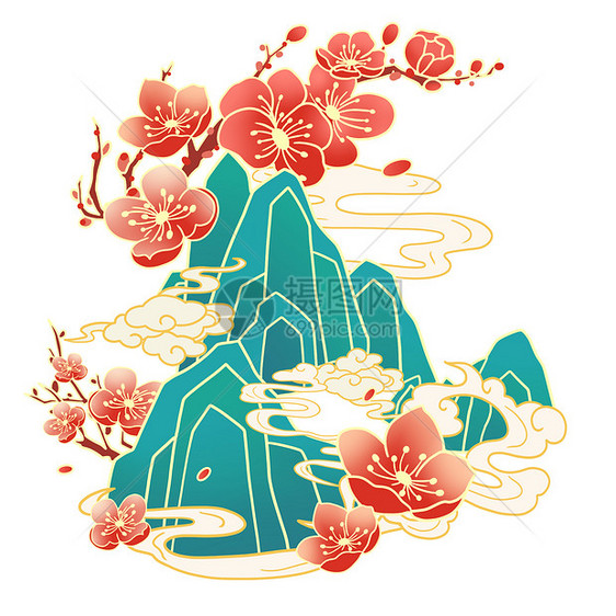 绿色可爱梅花植物春天插画人物元素图片