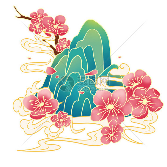 绿色可爱桃花植物春天插画人物元素图片