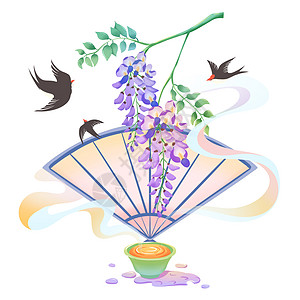 国风场景绿色可爱植物扇子燕子春天插画人物元素插画