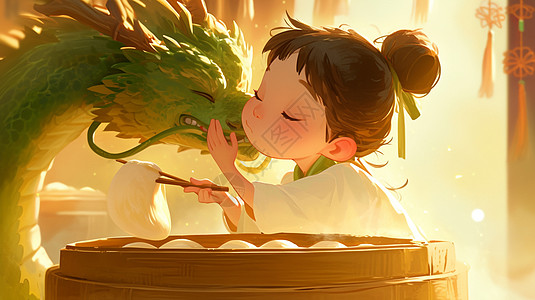 吃  人物可爱的卡通小女孩与绿色巨龙一起吃包子插画