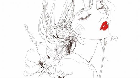 红唇线稿手绘风卡通女孩与花朵图片