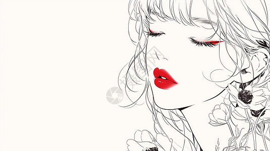 红唇线稿风卡通女孩与花朵图片