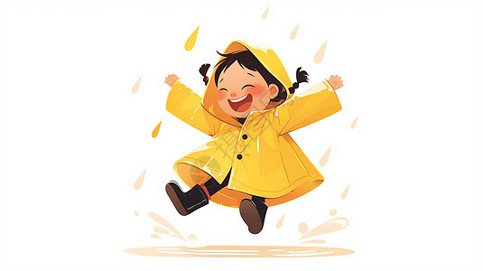 穿着雨衣在雨中开心跳水坑的卡通小朋友背景图片
