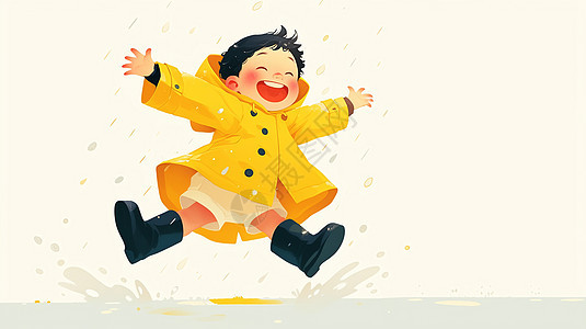 在雨中开心跳水坑的卡通小朋友图片