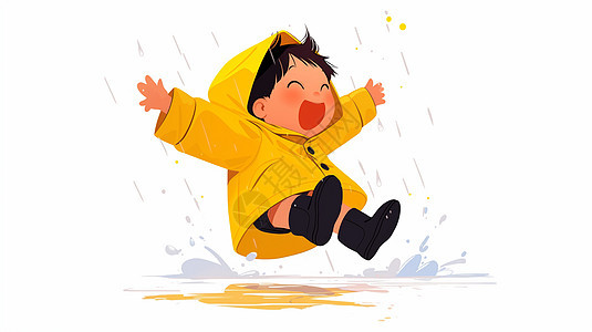 穿着黄色雨衣在雨中开心跳水坑的小朋友背景图片