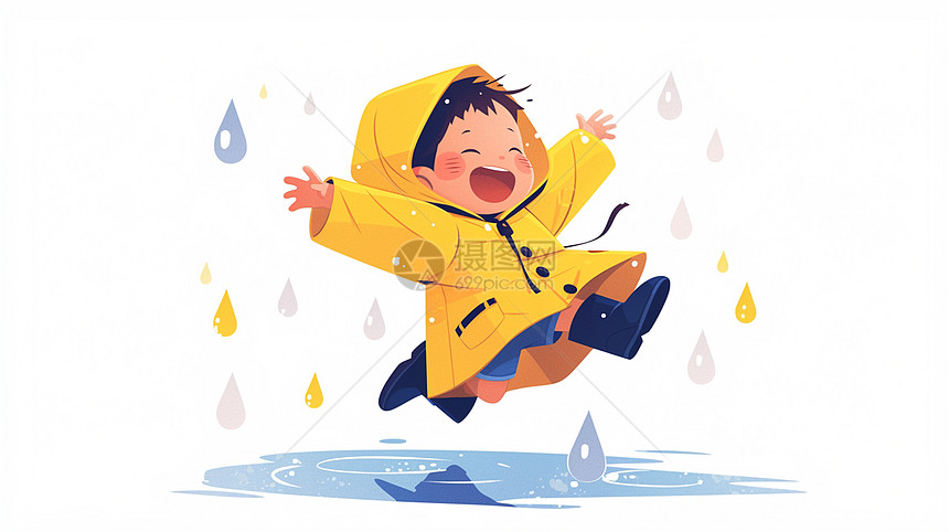 穿着黄色雨衣在雨中开心的卡通小朋友图片