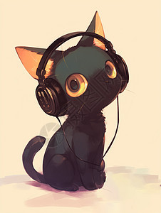 听音乐的可爱卡通小黑猫图片