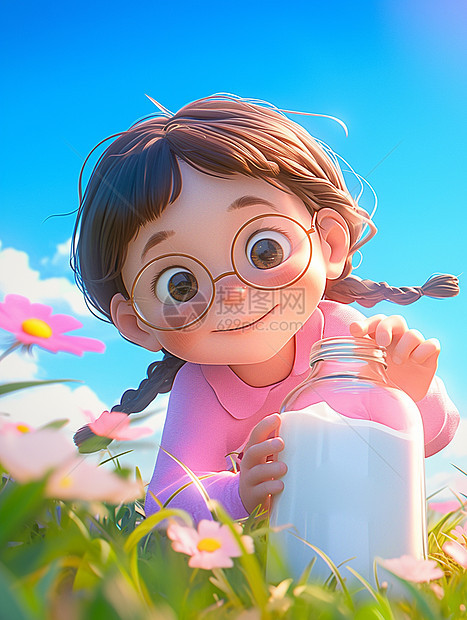 在开着花朵的草地上一个可爱的卡通小女孩抱着一大杯牛奶图片