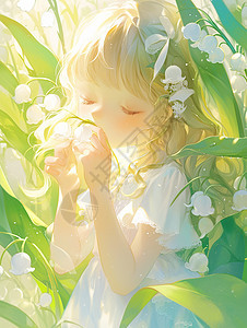 在梦幻花丛中闻花朵的可爱卡通小女孩图片