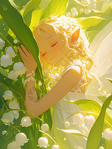 在梦幻花丛中闻花朵的可爱卡通女孩图片