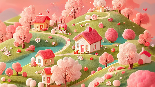 山村春天山坡上盛开着很多粉色的树羊毛毡卡通风景图片